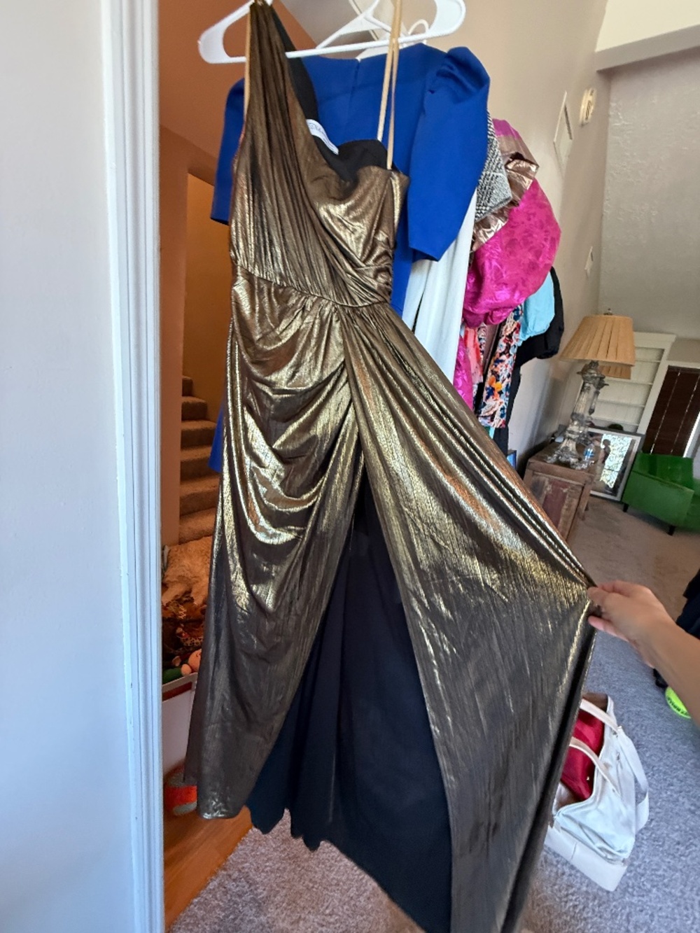 Mac Duggal Metallic Gold Pleated Maxi Dress ✨